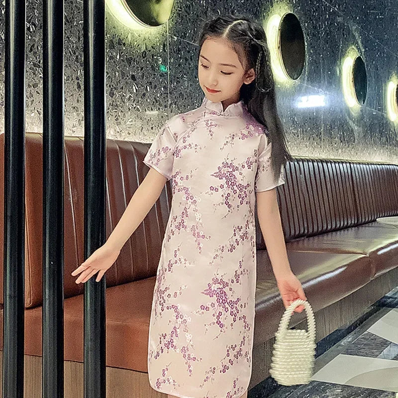 Summer Modern Cheongsam Children Girls Dresses Baby Fashion Kids Clothes Chinese Style Girl Dress Vestidos Casual Qipao Costumes