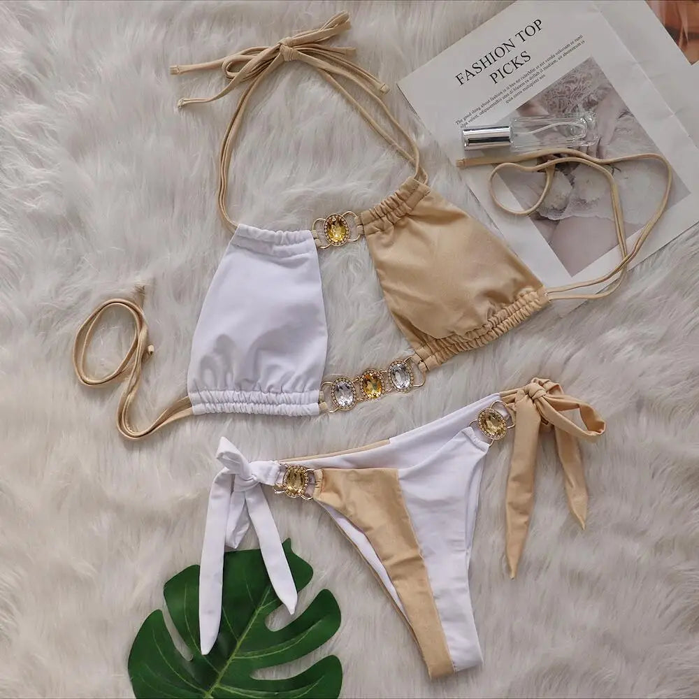 2026 Splicing Halter Diamond Bikini Women Swimsuit Female Swimwear Two Pieces Bikini Set Hollow Out Bathing Suit Swim Beach Wear