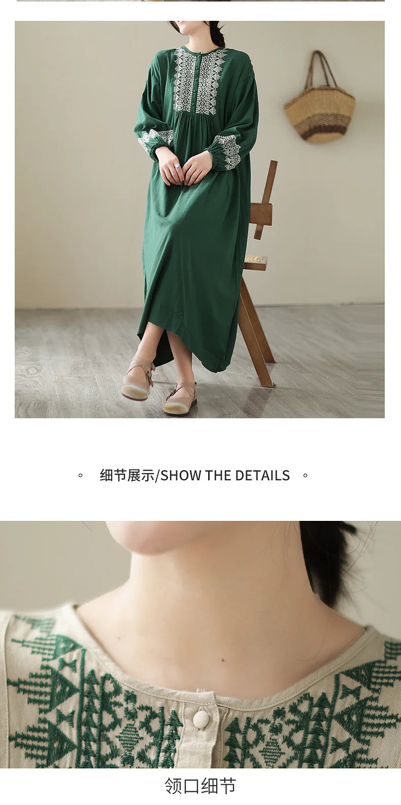 100% Cotton Long Dresses Women New Arrival 2023 Spring Vintage Style Geometric Embroidery Loose Female Casual Dress B2386