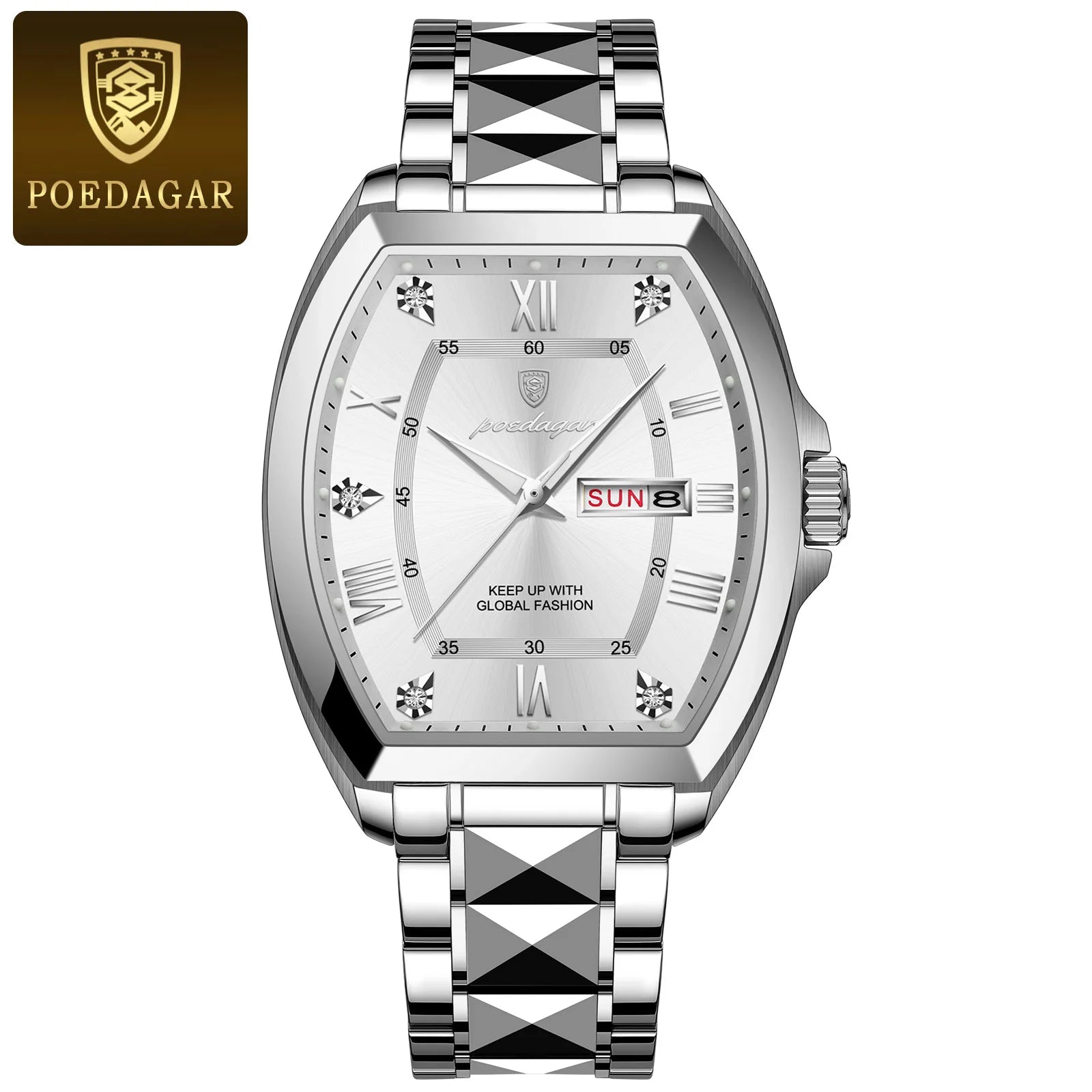 POEDAGAR Luxury Tonneau Men Watch Luminous Waterproof Date Week Man Watch Stainless Steel Fashion Original Men's Quartz Watches