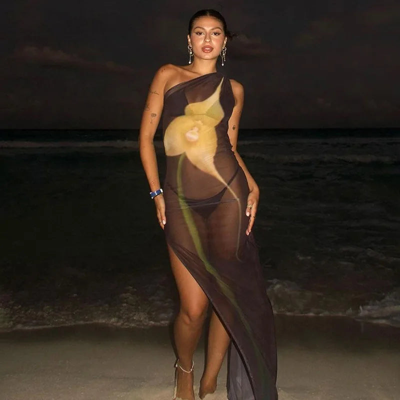 Mesh See Through Y2K Print Bodycon Sexy Party Club Maxi Split Dress Women Summer One Shoulder Backless Beach Long Dresses Outfit