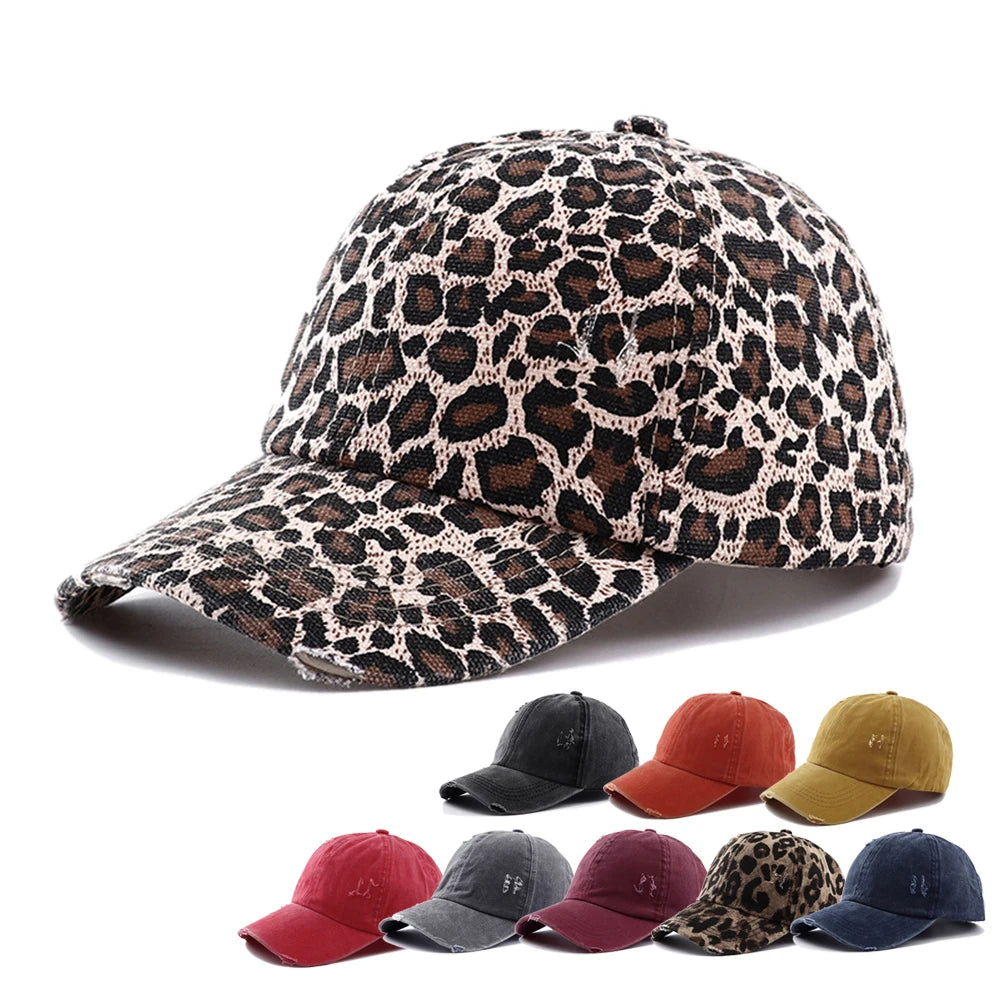 New Spring Summer Hip Hop Leopard Print Ponytail Baseball Cap Outdoor Adjustable Casual Ripped Dad Hats for Women Sunscreen Hat