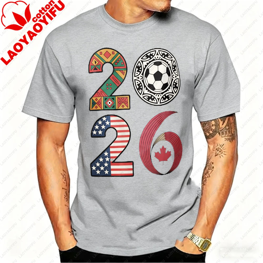 2026 USA Canada Mexico Soccer T-Shirt Cotton Shirt Tribal & Flag Graphic Tee, Ideal Gift for North American Football Enthusiasts