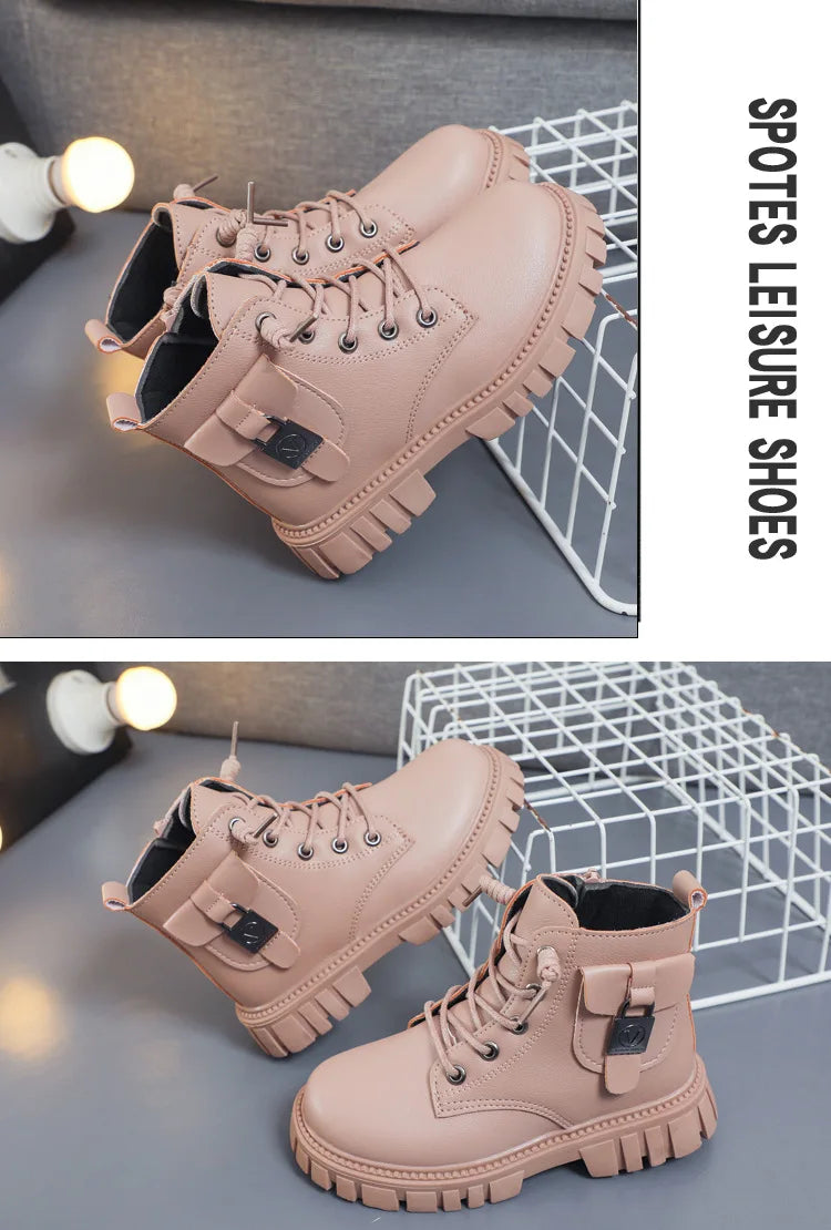 Autumn and Winter Girls Ankle Boots Fashion Non-slip Boys PU Leather Short Boots Children Korea Boots Fall Toddler Girl Boots