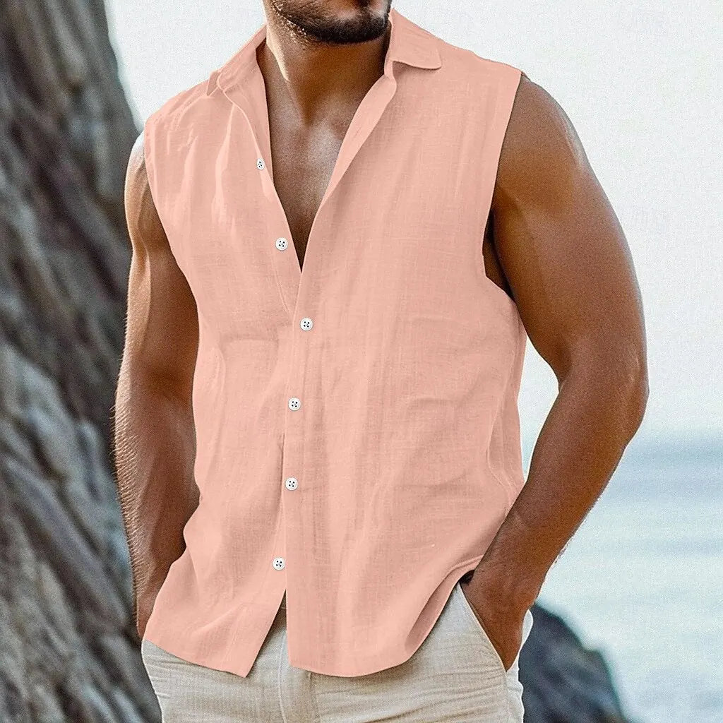 Summer Sleeveless Casual Shirts Men Lightweight Breathable Sports Turn Down Collar Shirt Male Solid Sports Loose Beach Tops Man