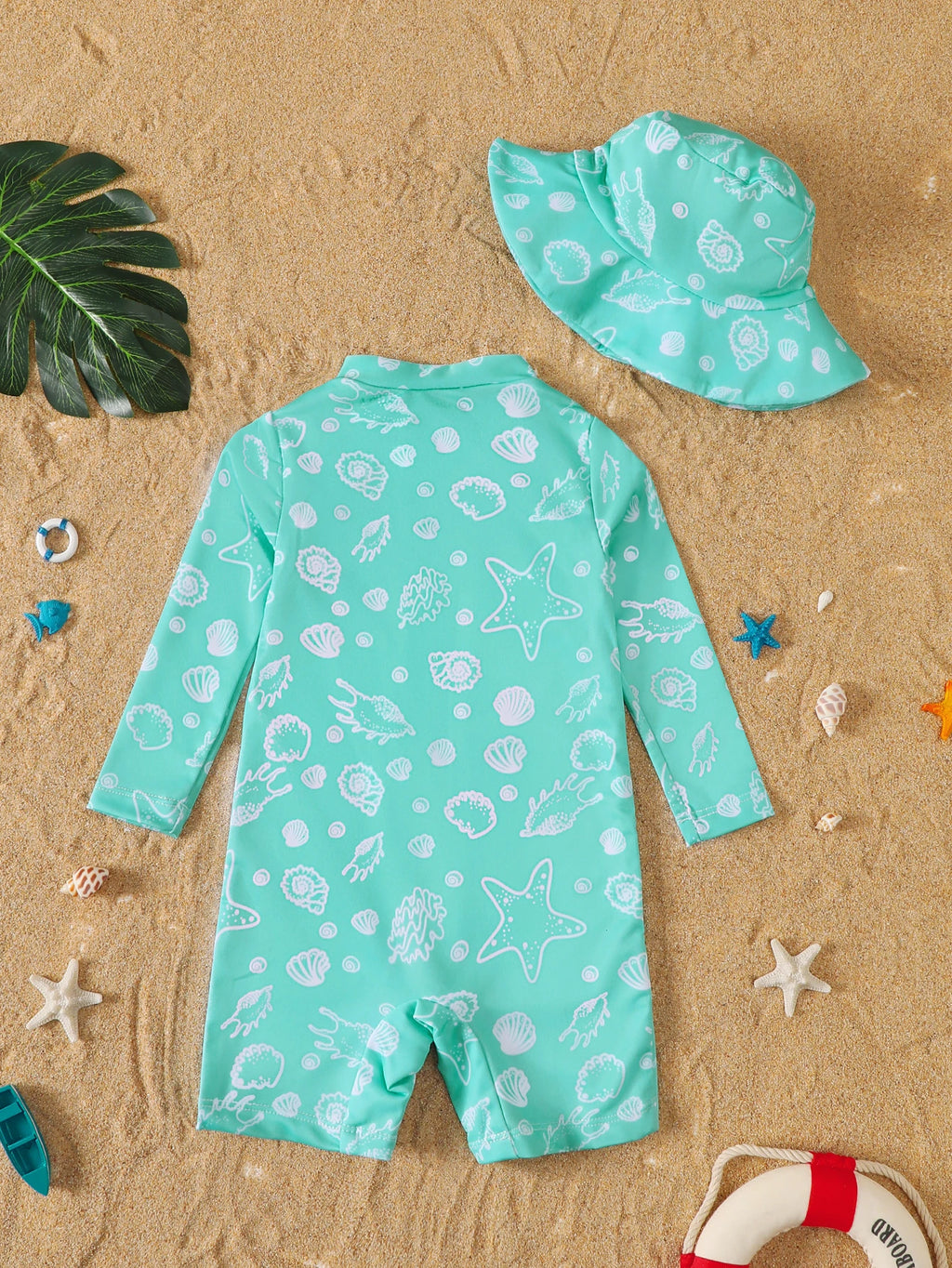 Baby Boy Summer Shell Pattern Long Sleeve Onesie Swimsuit with Hat Infant Swimwear Protection And Comfort