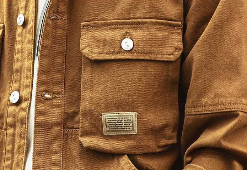 Cargo Oversize Cowboy Coat for Men Brown Cotton Denim Jackets Man Joker of Fabric Korea Japanese Retro Outwear Size L Lxury Worn