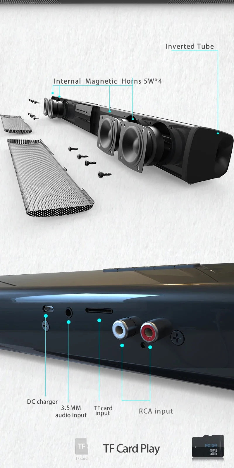 Bluetooth Speaker Column High Power Portable Speaker TV SoundBar for Computer Music Center Boom Box with TF AUX USB Radio
