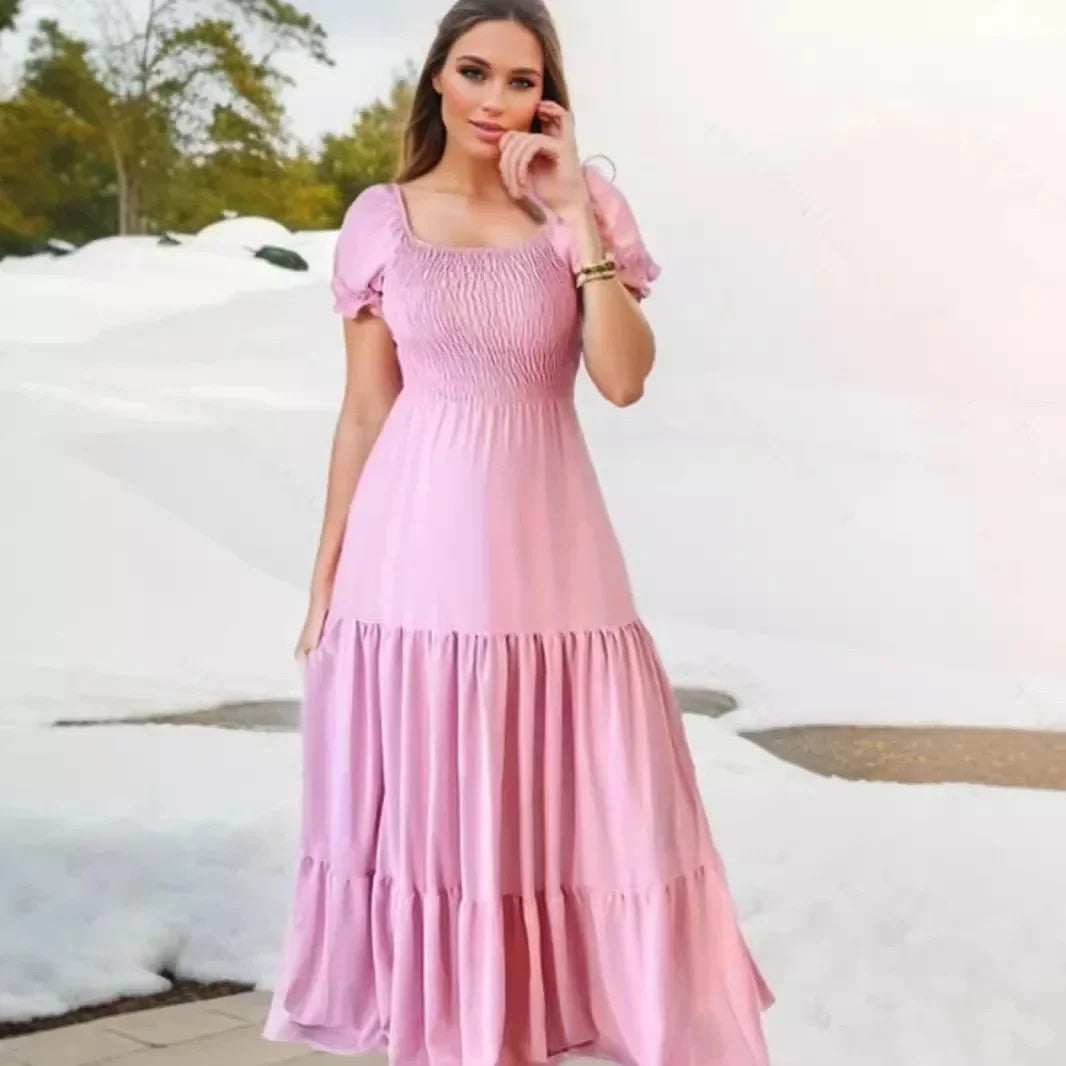 A Line Pleated Blue Princess Long Dresses Women Puff Sleeve High Waist Square Neck Maxi Dress Summer Solid Ruffles Party Dresses