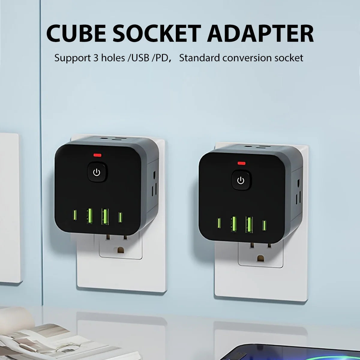 8-in-1 Power Strip US Electrical Plug Socket Extension Cord 4AC Outlets 2USB 2PD Type C Ports Charger Adapter for Home Office