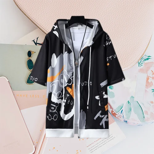 2023 Men's Summer Fashion Cartoon Print Short Sleeve Zipper Sweatshirts Youth Man Y2K Streetwear Casual Pockets Hoodies Jackets