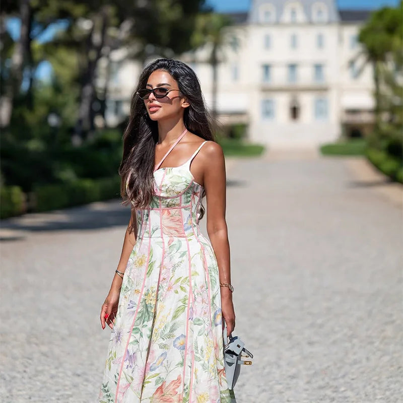 Elegant Printed Women's Dress Sleeveless Halter Waist-Closed A-Line Lady Dresses 2026 Spring Summer Female Robe New