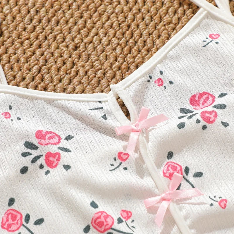 Women's Summer Spaghetti Strap Top and Shorts Pajama Sets Ladies Cherry Heart Print Sleepwear Cute Bowknot Sexy Loungewear S-XL