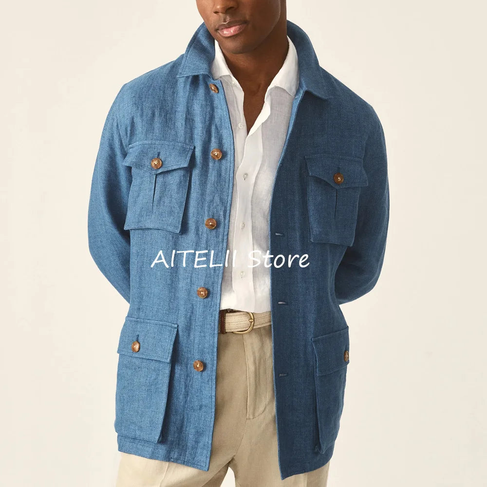 Suit Jackets Linen Elegant Sack of Man Men's Jacket Blazers for Man Lapel Suits Single-breasted Casual Clothes Four Pockets