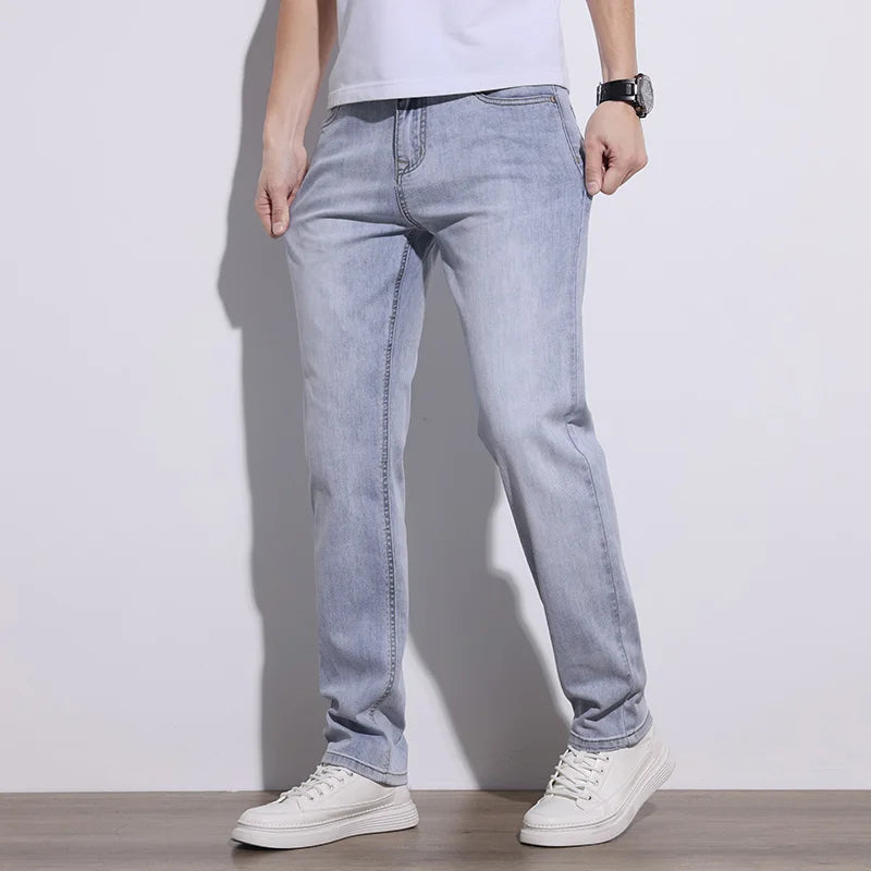 KSTUN 2025 Spring Summer Jeans For Men Slim Straight Gray Light Blue Stretch Jeans Regular Fit Denim Pants Mens Clothing Cowboys