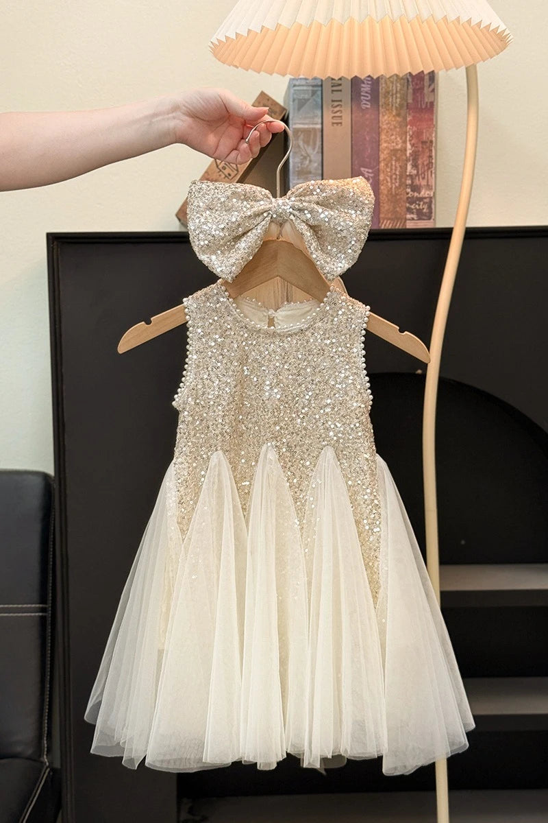 Girls Elegant Sequined Horn Skirt New Kid Party Dresses Baby Fashion Mesh Round Collar Sleeveless Skirt Western-style Vest Dress