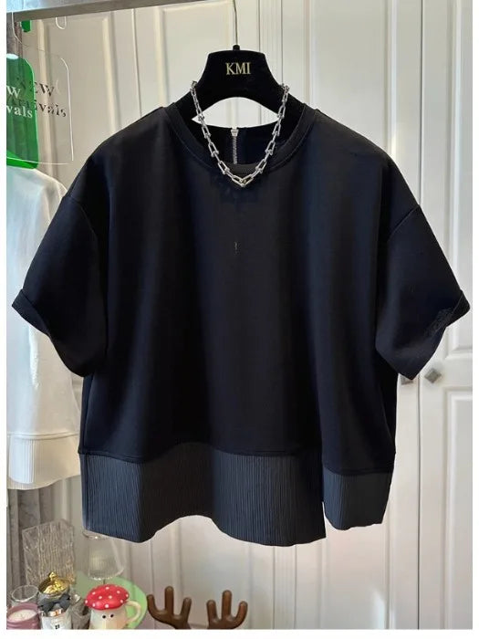 Summer New Loose Unique round Ne f Sve T-irt Women's ort Sve Patchwork Top Comfortable Breathable Retro Sle