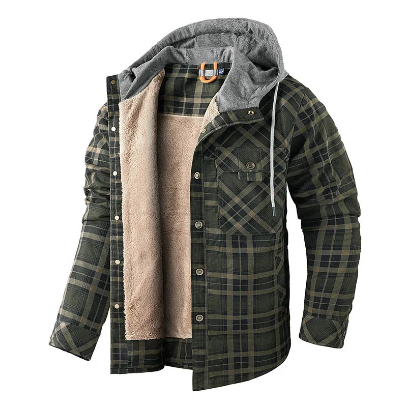 Winter Men Plaid Fleece Shirts Coats Mens Hooded Casual Shirts Man Sport Outdoor Loose Shirt Jacket Men Button Down Hoodie Shirt