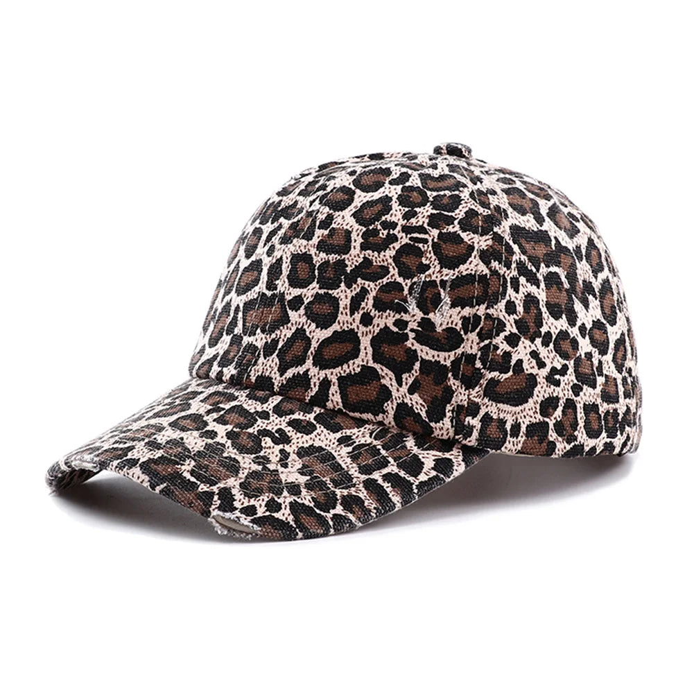 New Spring Summer Hip Hop Leopard Print Ponytail Baseball Cap Outdoor Adjustable Casual Ripped Dad Hats for Women Sunscreen Hat