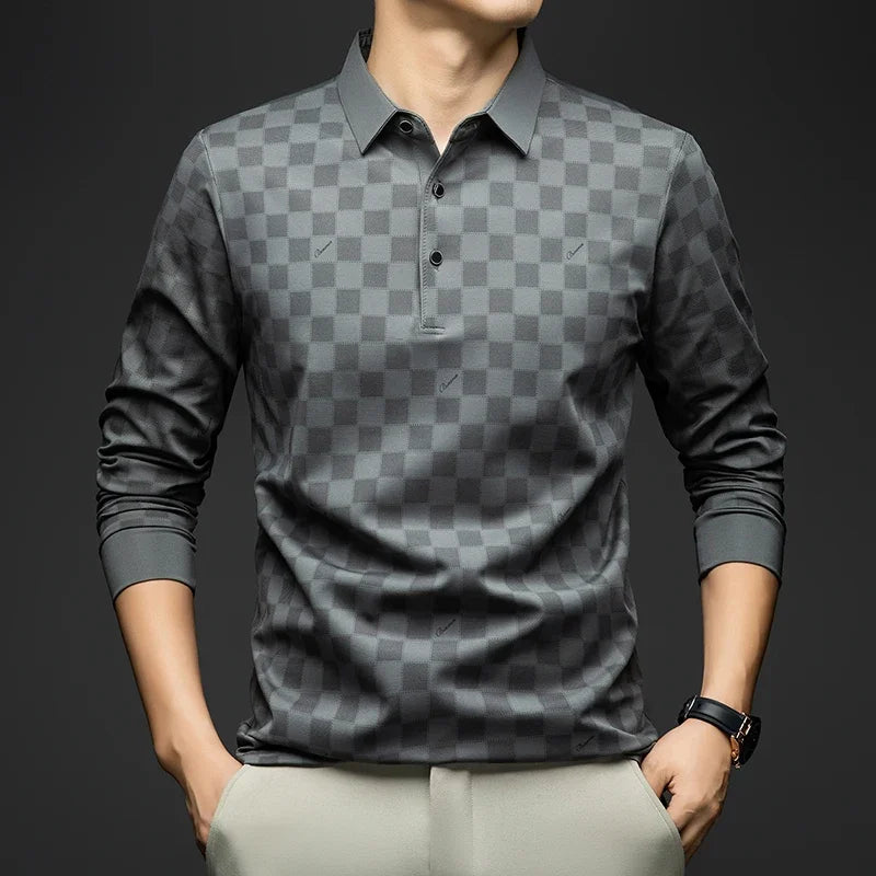 BROWON Polo Shirts for Man Autumn Business Slim Fit Long Sleeve T Shirt Men 2026 New Casual Loose Pullover Plaid Men Tops & Tees
