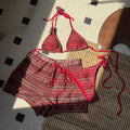 Sexy Crochet Bikini Set 2026 Women Coffee Contrast Striped High Waist Panties 3 Piece Swimsuit Bathing Suit Knitted Swimwear