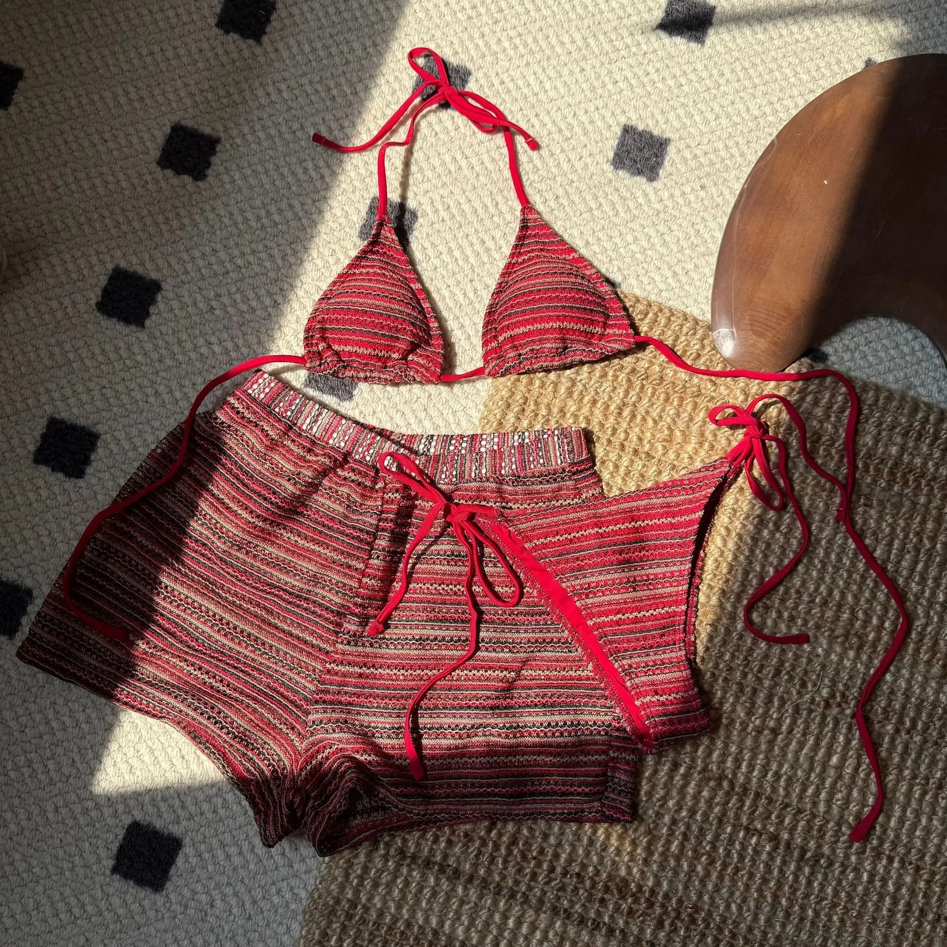 Sexy Crochet Bikini Set 2026 Women Coffee Contrast Striped High Waist Panties 3 Piece Swimsuit Bathing Suit Knitted Swimwear