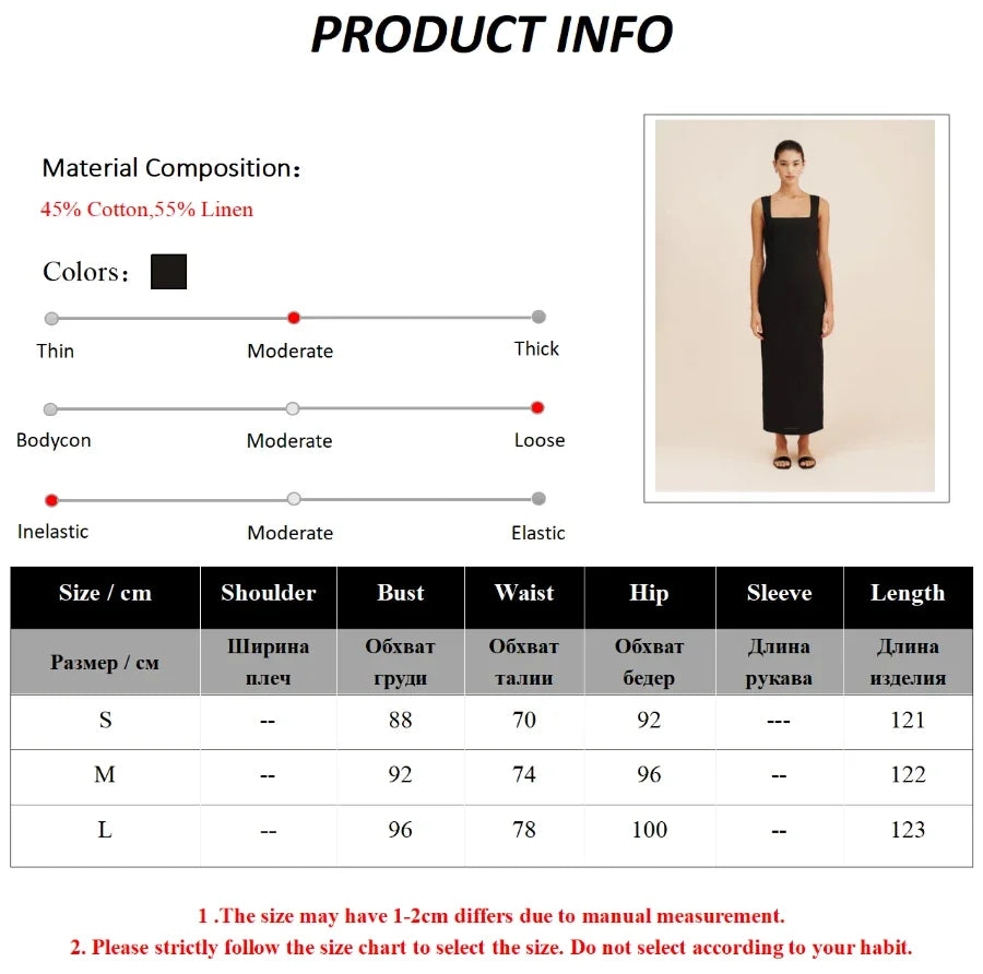 Wolfeel Cotton Linen Square Neck Suspender Dress Women's Solid Color Fashion Slim Fit Long Dress Summer New Women's Clothing