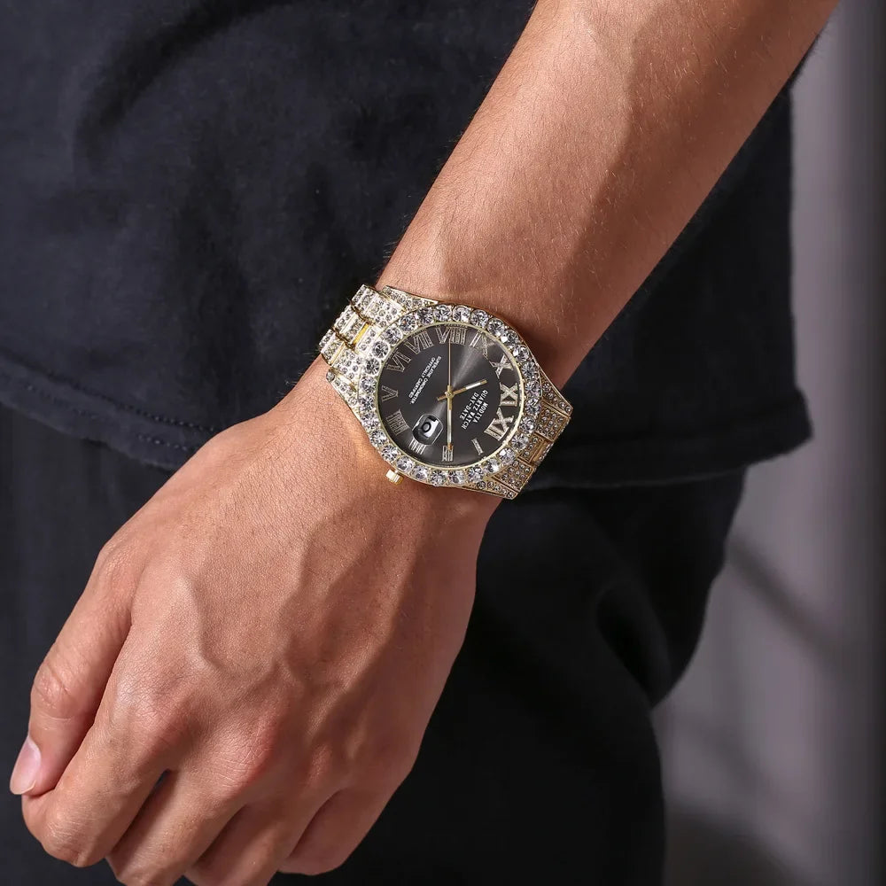 Hot Sale Diamond Bling Watch Men Gold Color Luxury Gift Quartz Watches Male Clock Dropshipping  Rhinestone Calendar Wristwatch