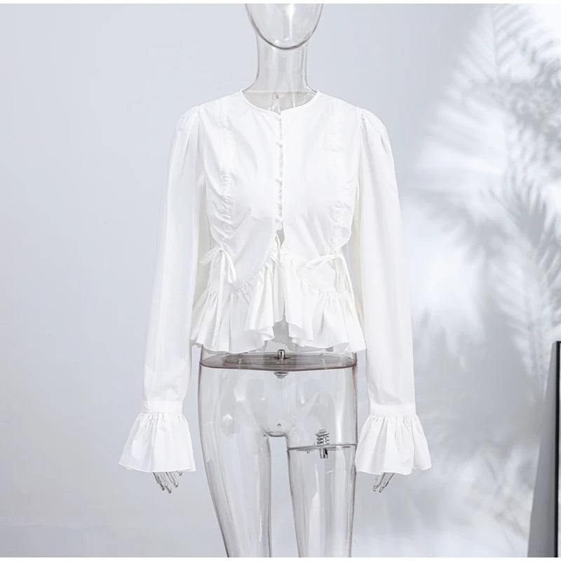 Elegant Chic Ruffle Hem Women's Shirt Flare Sleeve Single Breasted Drawstring Pleat Cropped Shirts 2026 Spring Summer Lady Top