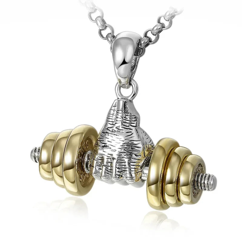 Domineering fitness handheld dumbbell barbell necklace pendant men's gym bodybuilding sports and leisure accessories