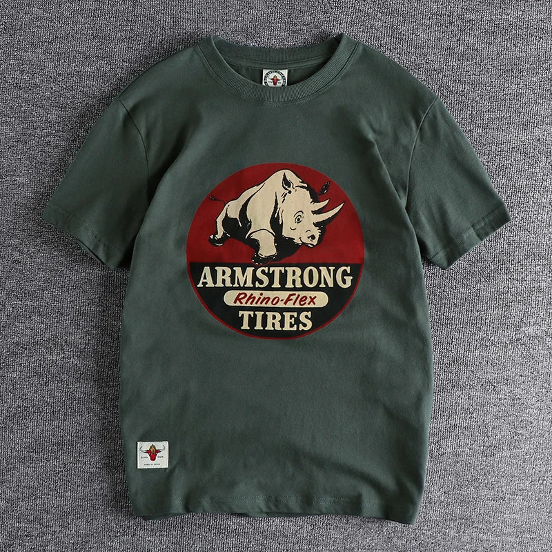 Summer new wash matte comfortable short sleeve t-shirt men's rhinoceros Vintage Print versatile youth fashion casual half sleeve