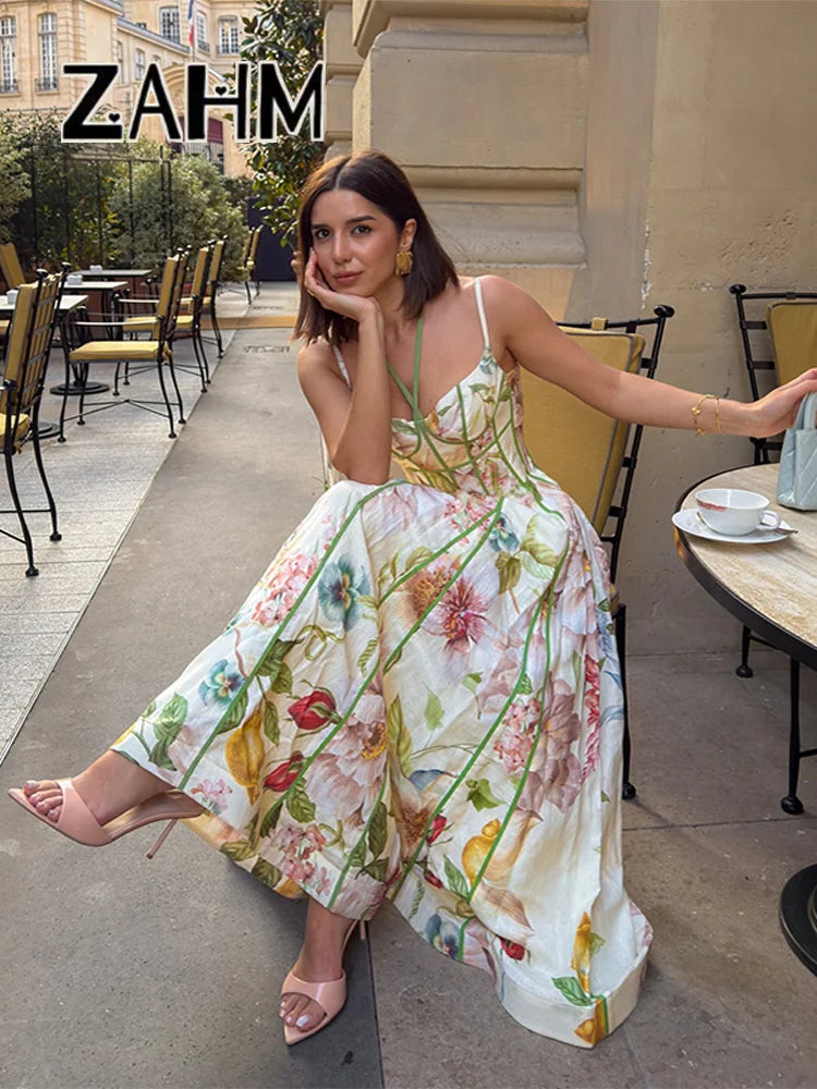Elegant Printed Women's Dress Sleeveless Halter Waist-Closed A-Line Lady Dresses 2026 Spring Summer Female Robe New