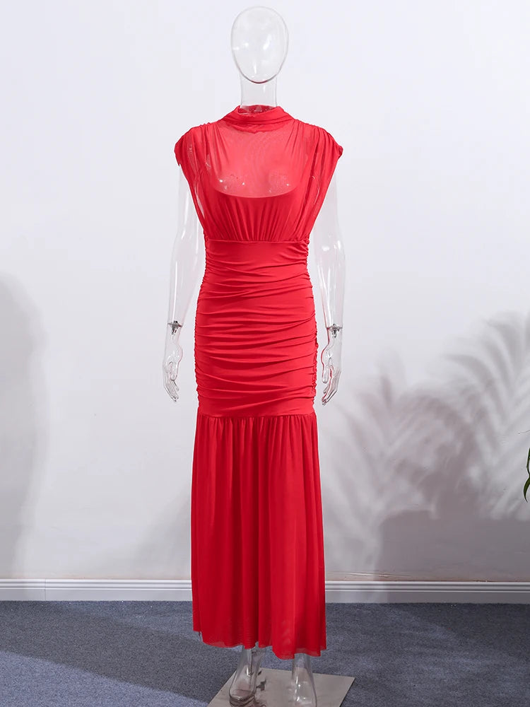Sexy Red Pleated Mesh Long Dress Red See Through Patchwork Sleeveless A-line Party Dresses Female 2025 Summer Slim Robes Lady