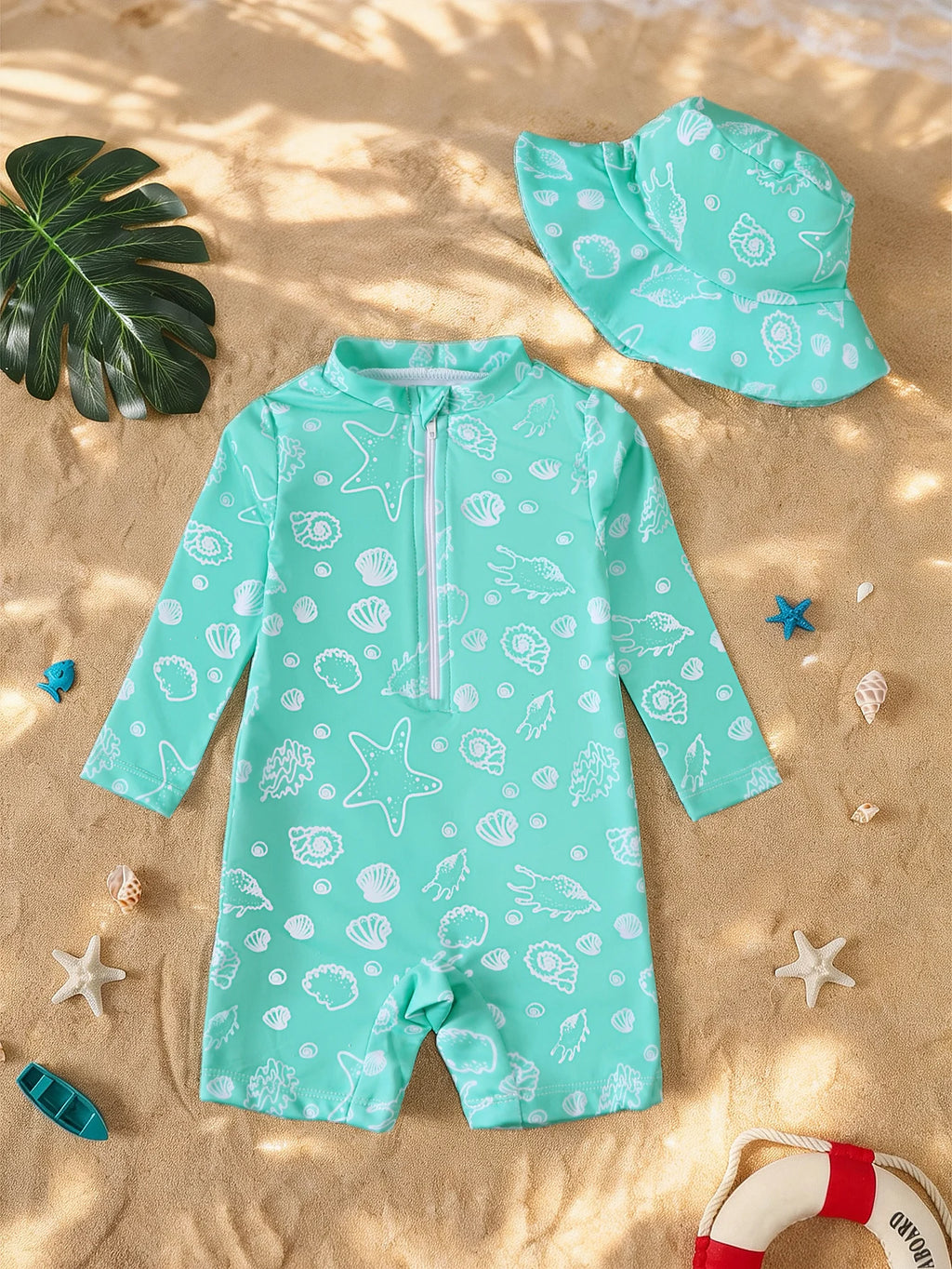 Baby Boy Summer Shell Pattern Long Sleeve Onesie Swimsuit with Hat Infant Swimwear Protection And Comfort