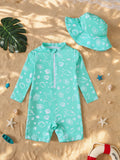 Baby Boy Summer Shell Pattern Long Sleeve Onesie Swimsuit with Hat Infant Swimwear Protection And Comfort