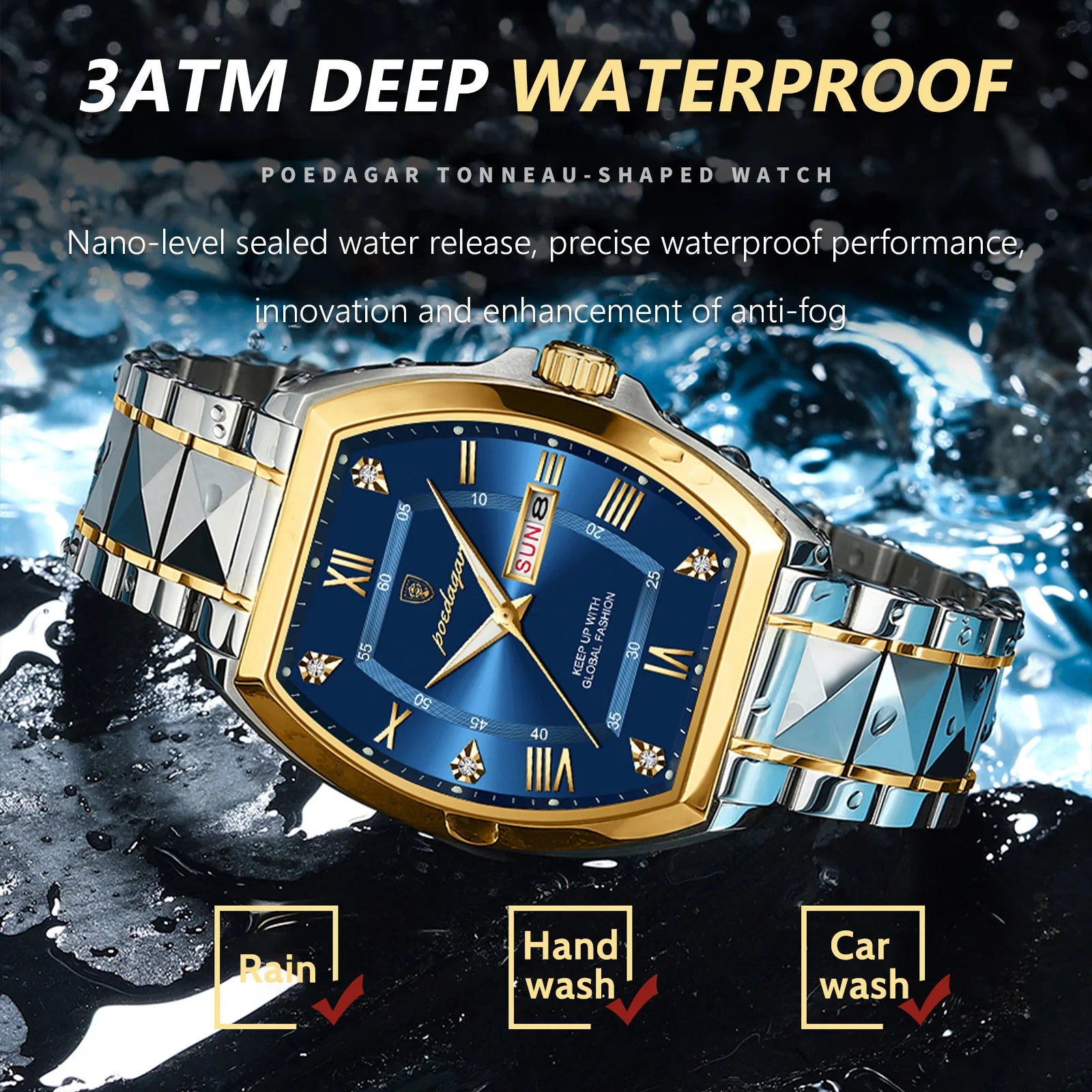 POEDAGAR Luxury Tonneau Men Watch Luminous Waterproof Date Week Man Watch Stainless Steel Fashion Original Men's Quartz Watches