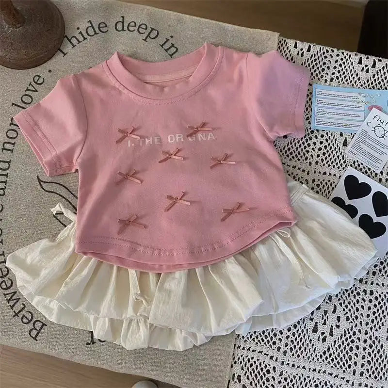 Girl's Sweet 2Pcs Set Summer Children Infants Kids Baby Ballet Princess Bow Top T-shirt+Flower Bud Skirt Suits