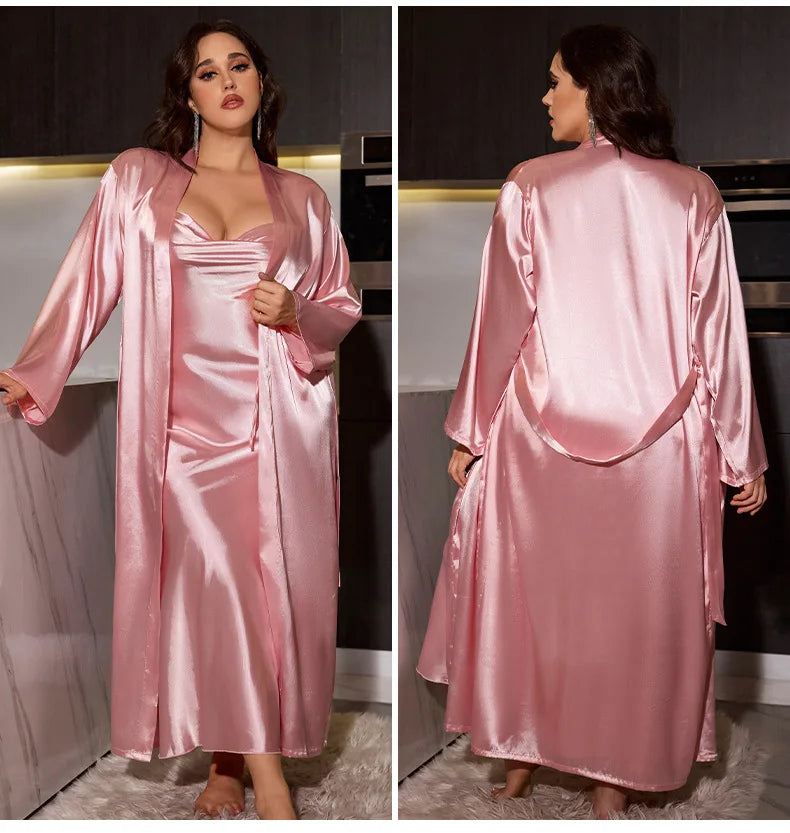 Plus Size 3XL 4XL 5XL Nighty&Robe Set Sexy Bride Long Wedding Bathrobe Dress Spring Summer New Sleepwear Loose Satin Home Wear