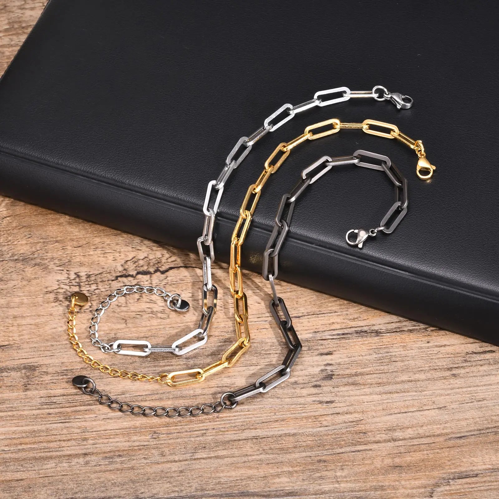 Vnox Paperclip Chain Bracelet For Men, Four Color Casual Business Rectangle Links Wristband, 5mm Wide Adjustable Chain Jewelry