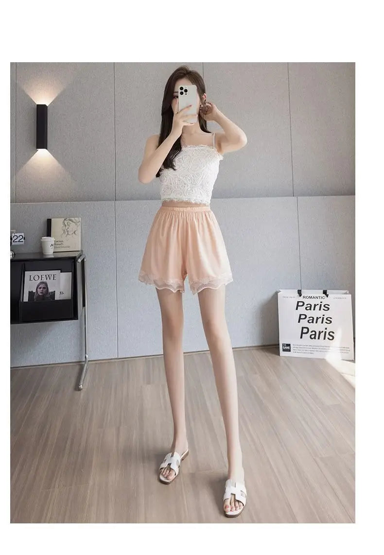 Ice Silk Safety Shorts for Women Anti-Pantyline Seamless Invisible Underwear Summer Thin Breathable Lace Lined Panties Home Wear