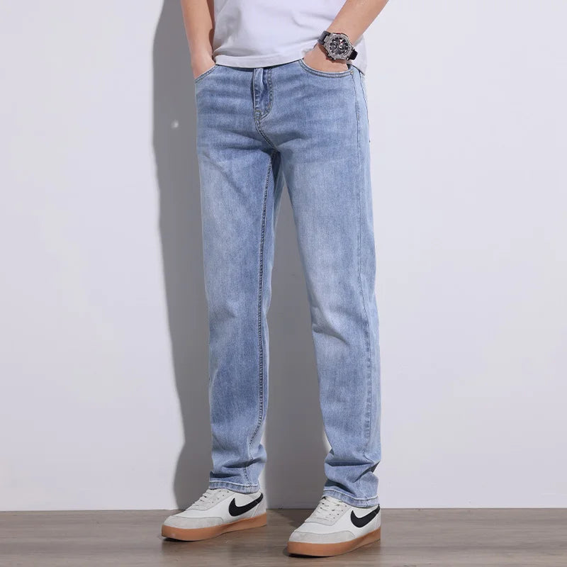 KSTUN 2025 Spring Summer Jeans For Men Slim Straight Gray Light Blue Stretch Jeans Regular Fit Denim Pants Mens Clothing Cowboys