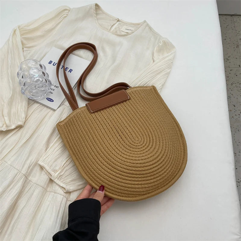 Large Capacity Beach Shopping Bag Luxury Design Woven Shoulder Bag Women Handmade Cotton Thread Woven Handbag Summer Travel Bag