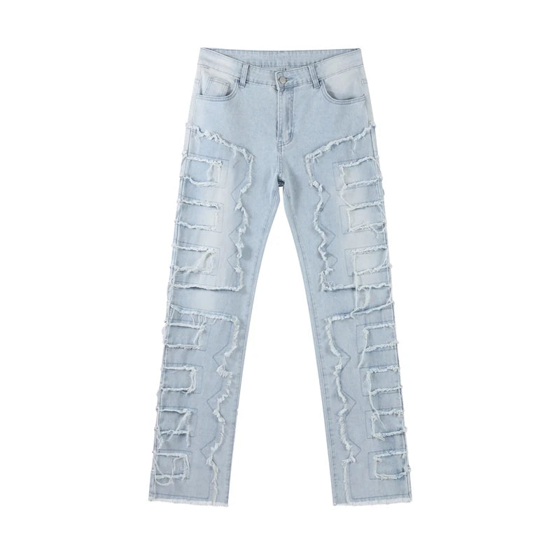 Men Jeans Ripped Vintage Tassel Wash Old Slim Stacked Patch Hip Hop Pencil Denim Man Pants 2026 Streetwear Male Long Trousers