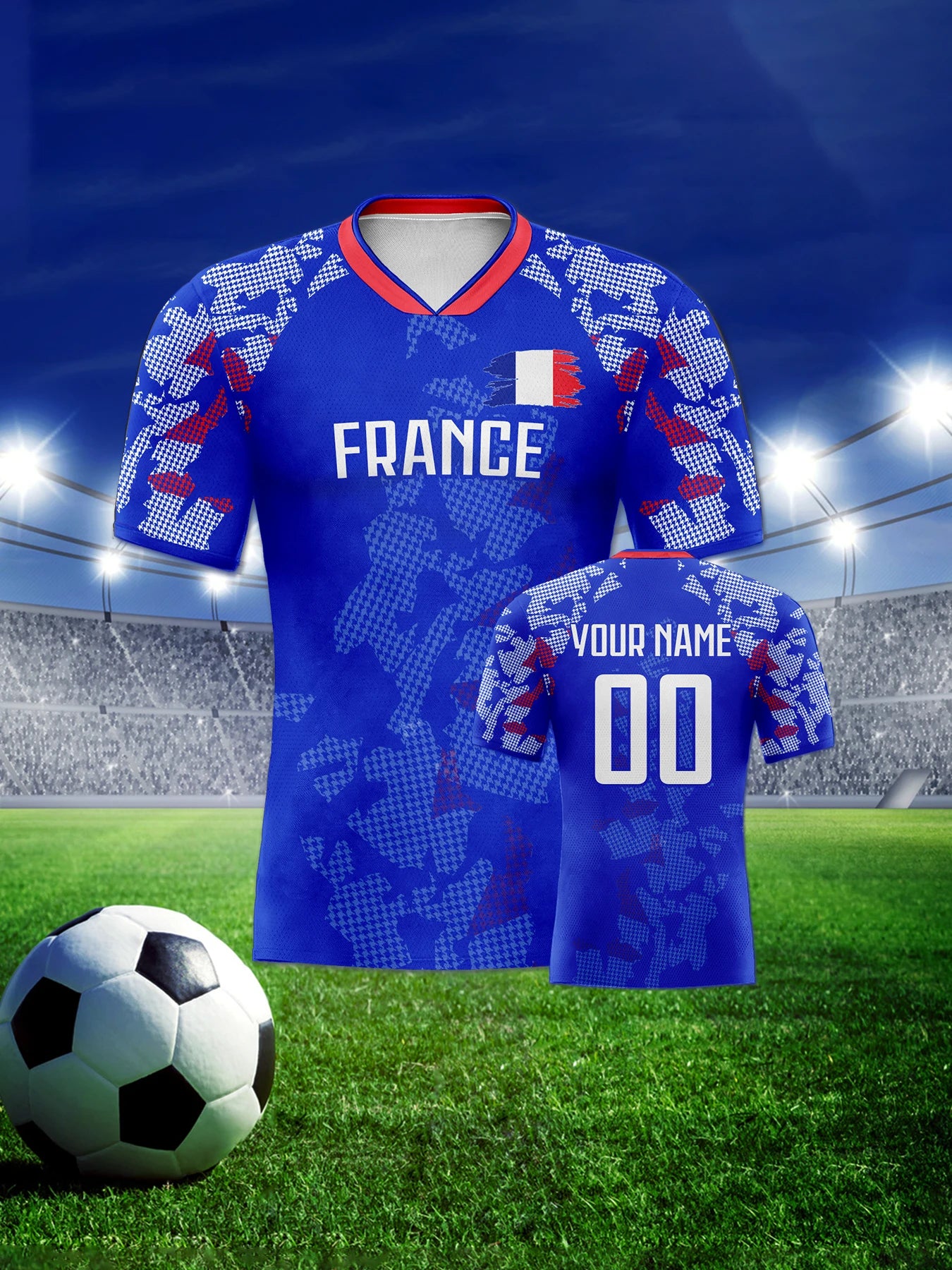 Custom France Soccer Jersey Personalized Name Number, National Team Football Shirt V-Neck Flag Design for Men Youth Women
