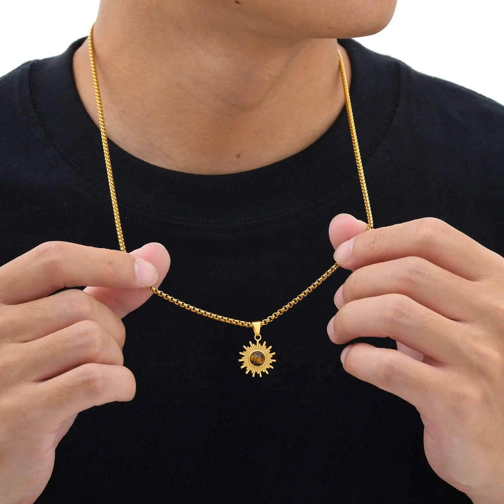Trendy Sunflower Necklace for Men Boys,Stainless Steel Natural Stone Pendant,Jewelry Gift for Husband Dad Son BBF