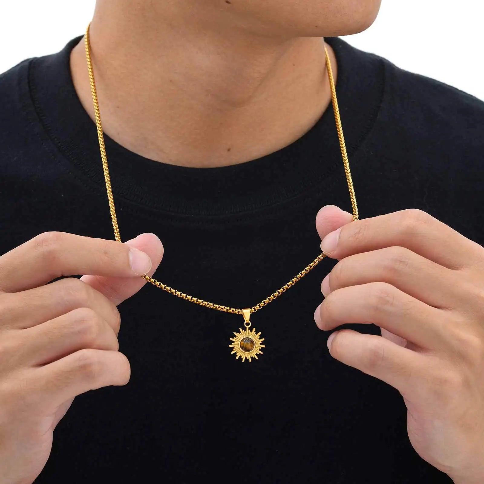 Trendy Sunflower Necklace for Men Boys,Stainless Steel Natural Stone Pendant,Jewelry Gift for Husband Dad Son BBF