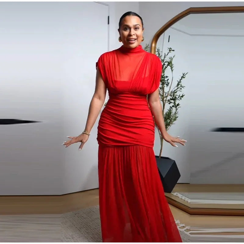 Sexy Red Pleated Mesh Long Dress Red See Through Patchwork Sleeveless A-line Party Dresses Female 2025 Summer Slim Robes Lady