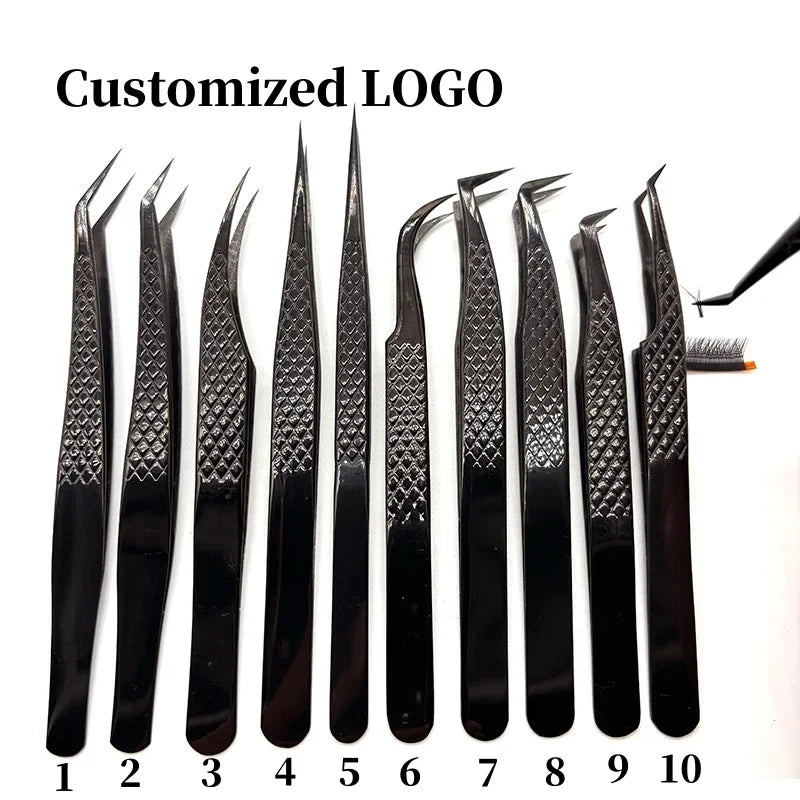 Customized Private LOGO False Lash Tweezers For Eyelash Extensions Boot Isolation Clip Tongs Black Perfect Close Nail Art Tools