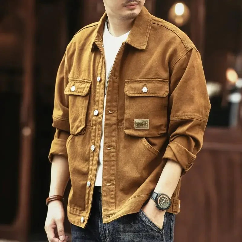 Cargo Oversize Cowboy Coat for Men Brown Cotton Denim Jackets Man Joker of Fabric Korea Japanese Retro Outwear Size L Lxury Worn