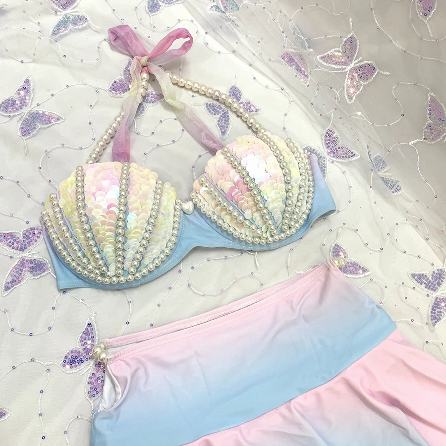 RM Mermaid Sequin Corset Bikini Swimsuit Free Diving Performance Oceanarium Electro Festival Bra Bar Cos Costumes
